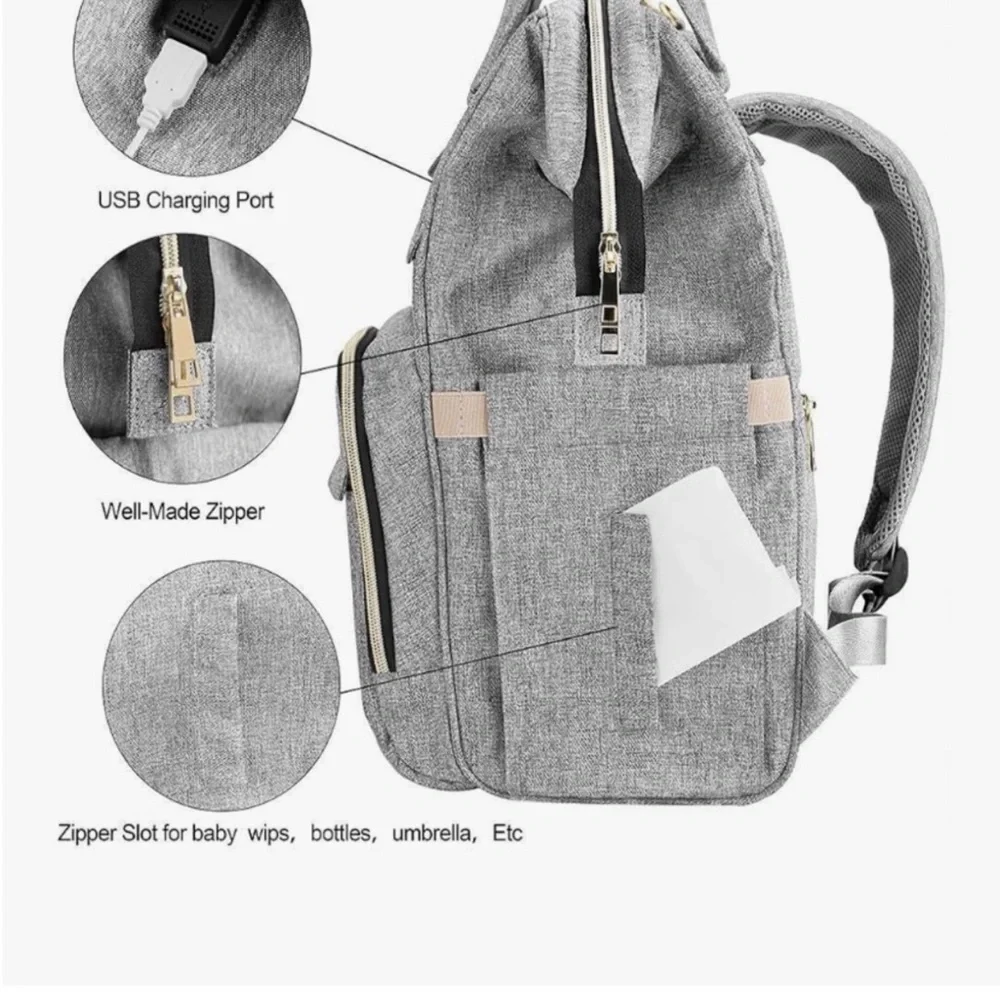 Mokaloo Gray Diaper Bag Backpack with USB Port